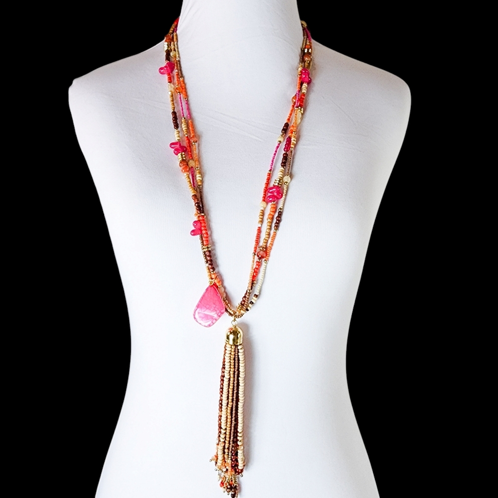 Chico's long necklace pink orange beads tassel agate
